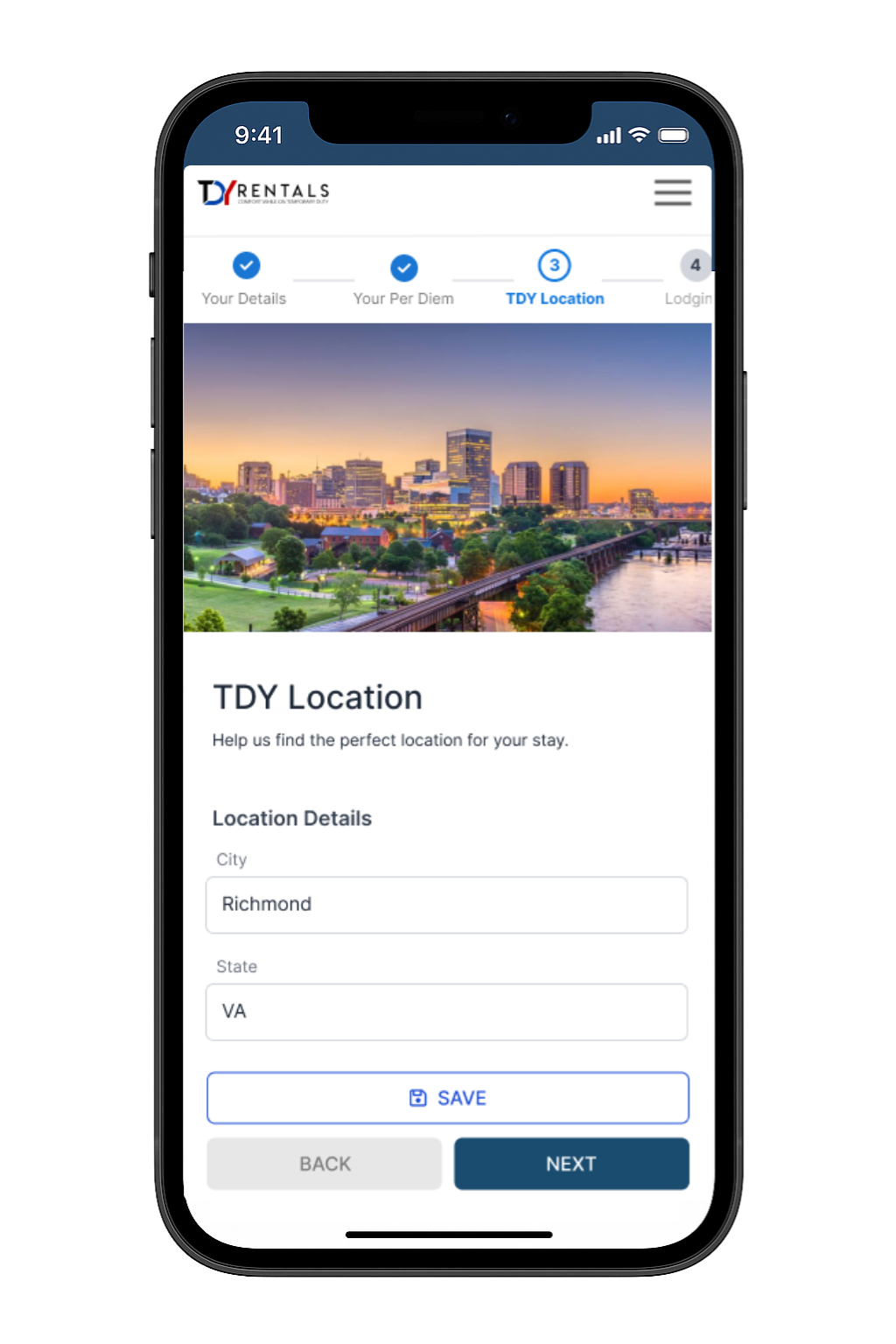 TDY Location app mockup